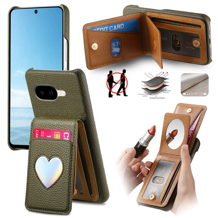For Google Pixel 10a Case with Mirror Card Holder RFID Blocking Litchi Texture PU PC Phone Back Cover - Midnight Green - 1