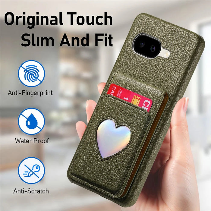 For Google Pixel 10a Case with Mirror Card Holder RFID Blocking Litchi Texture PU PC Phone Back Cover - Midnight Green - 7