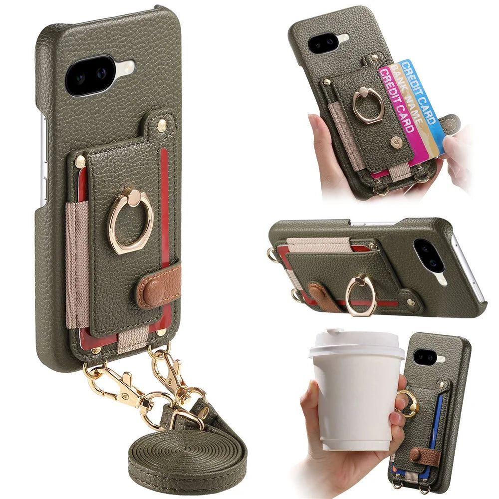 For Google Pixel 10a Case Card Holder Ring Kickstand Leather + PC Phone Cover with Shoulder Strap - Midnight Green - 1