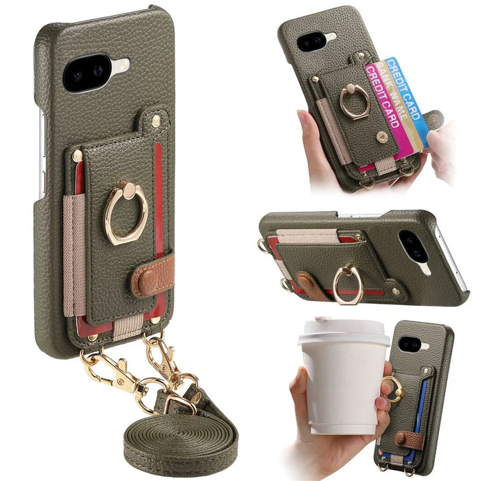 For Google Pixel 10a Case Card Holder Ring Kickstand Leather + PC Phone Cover with Shoulder Strap - Midnight Green - 1