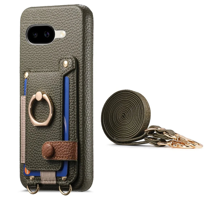 For Google Pixel 10a Case Card Holder Ring Kickstand Leather + PC Phone Cover with Shoulder Strap - Midnight Green - 2