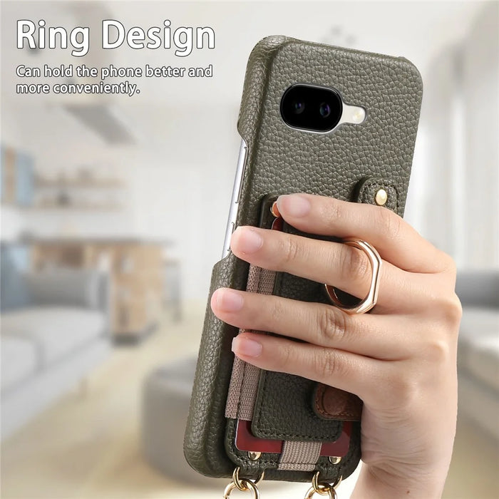 For Google Pixel 10a Case Card Holder Ring Kickstand Leather + PC Phone Cover with Shoulder Strap - Midnight Green - 3