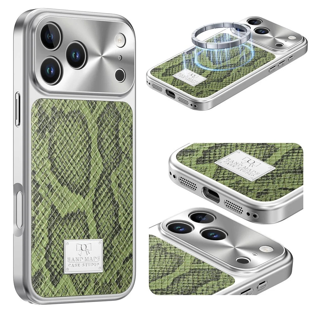 For iPhone 17 Pro Magnetic Case Snake Pattern Anti-Scratch PU Leather + PC + TPU Phone Cover - Green - 1
