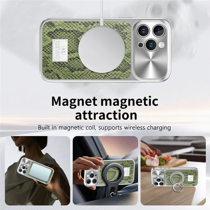For iPhone 16 Pro Magnetic Case Snake Pattern Anti-Scratch PU Leather + PC + TPU Phone Cover - Green - 7