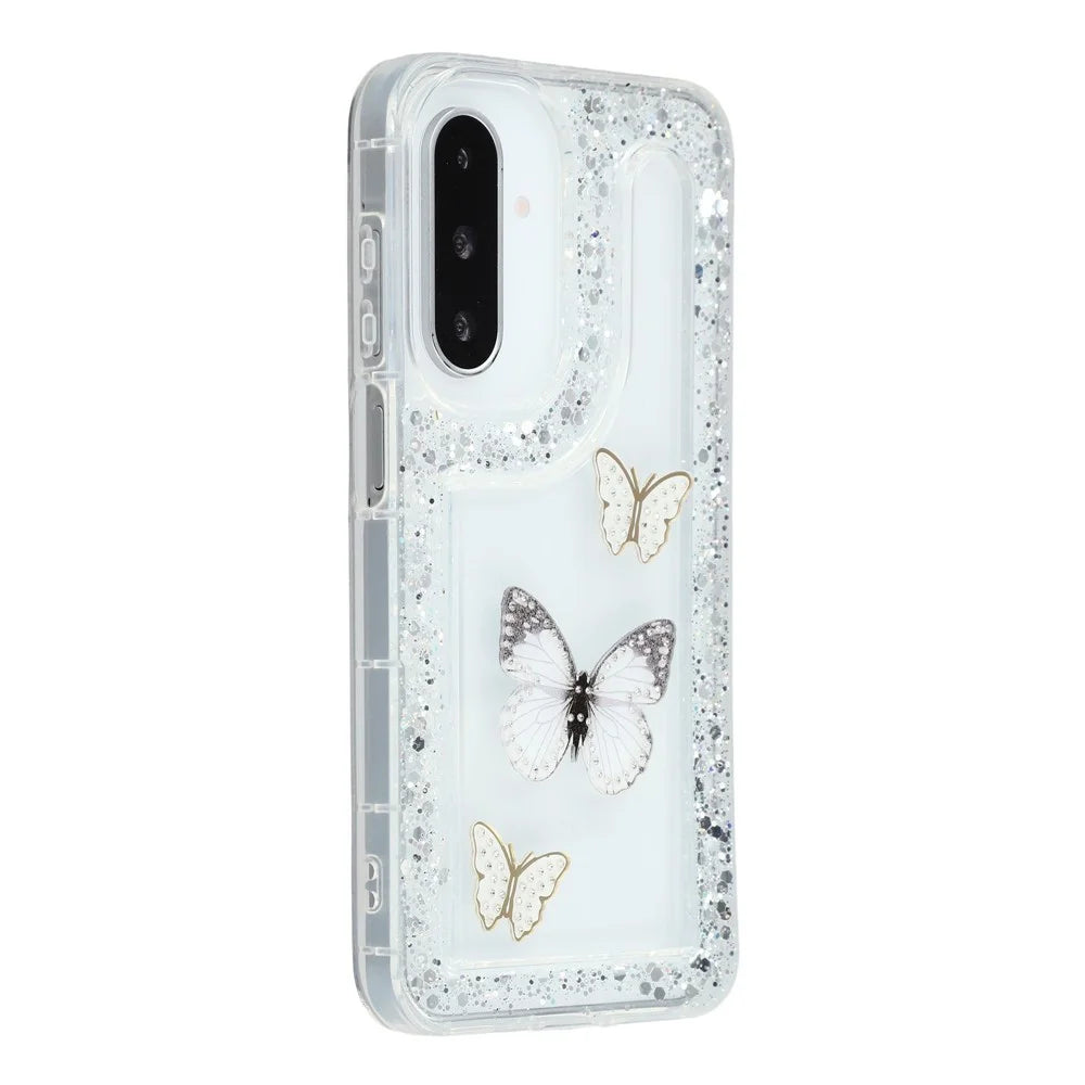 For Samsung Galaxy S25 / S24 Case DIY Butterfly Glitter Epoxy Soft TPU Phone Back Cover - White - 1