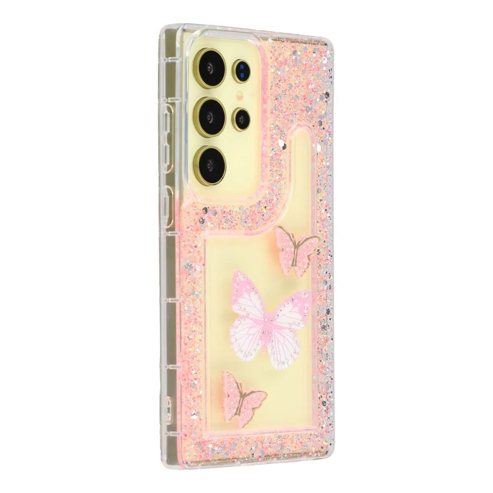 For Samsung Galaxy S25 Ultra Case DIY Butterfly Glitter Epoxy Soft TPU Phone Back Cover - Pink - 1