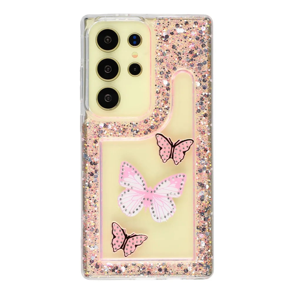 For Samsung Galaxy S25 Ultra Case DIY Butterfly Glitter Epoxy Soft TPU Phone Back Cover - Pink - 3