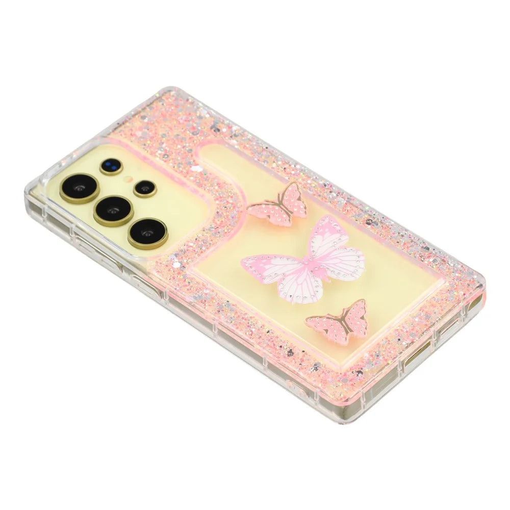 For Samsung Galaxy S25 Ultra Case DIY Butterfly Glitter Epoxy Soft TPU Phone Back Cover - Pink - 4