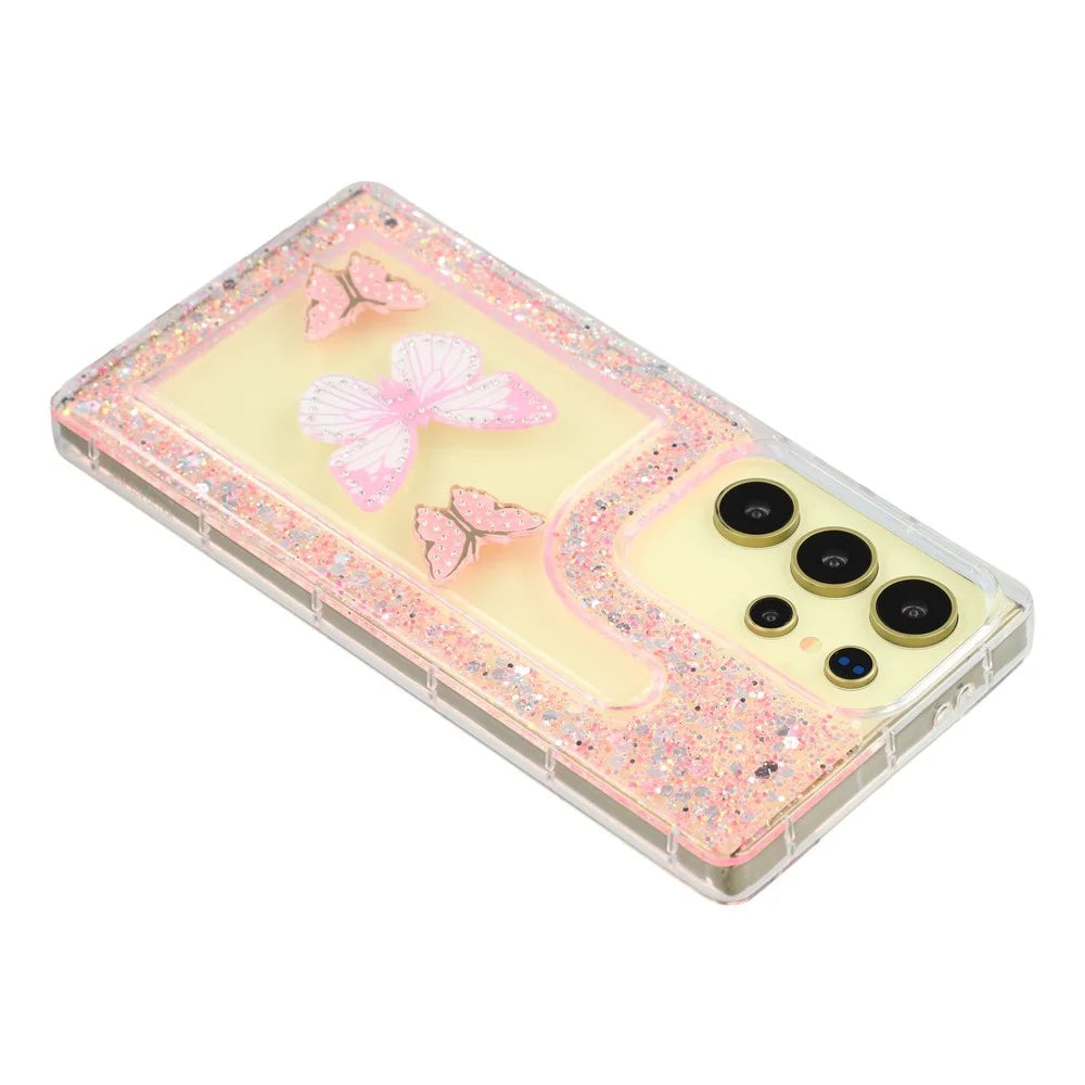 For Samsung Galaxy S25 Ultra Case DIY Butterfly Glitter Epoxy Soft TPU Phone Back Cover - Pink - 5