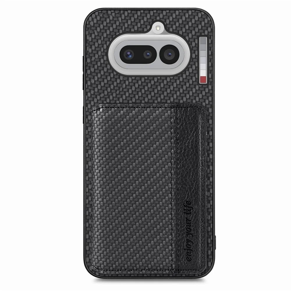 For Nothing Phone (4a) Case RFID Blocking Carbon Fiber Leather Phone Back Cover with Card Holder - Black - 1