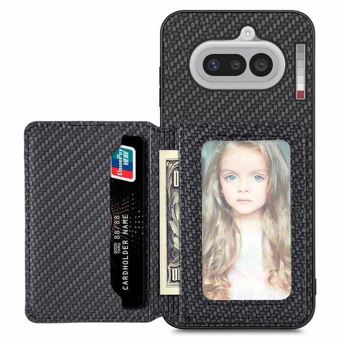 For Nothing Phone (4a) Case RFID Blocking Carbon Fiber Leather Phone Back Cover with Card Holder - Black - 2