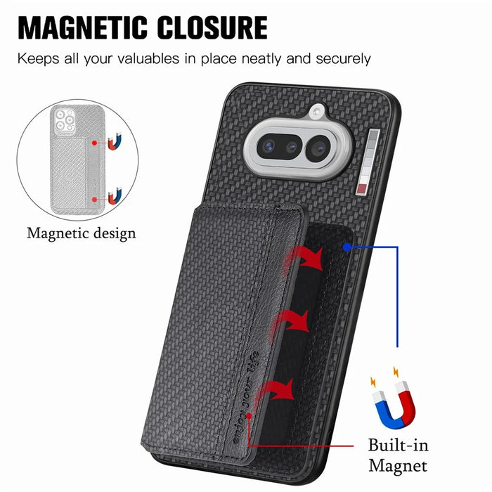 For Nothing Phone (4a) Case RFID Blocking Carbon Fiber Leather Phone Back Cover with Card Holder - Black - 4