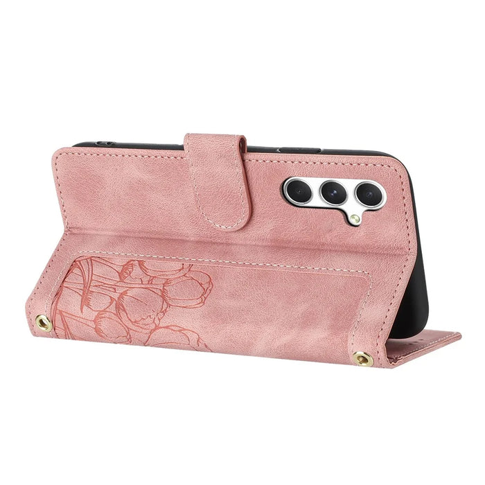 For Samsung Galaxy S25 FE Case Tulip Leather Phone Cover with 5 Card Slots Wallet - Pink - 4