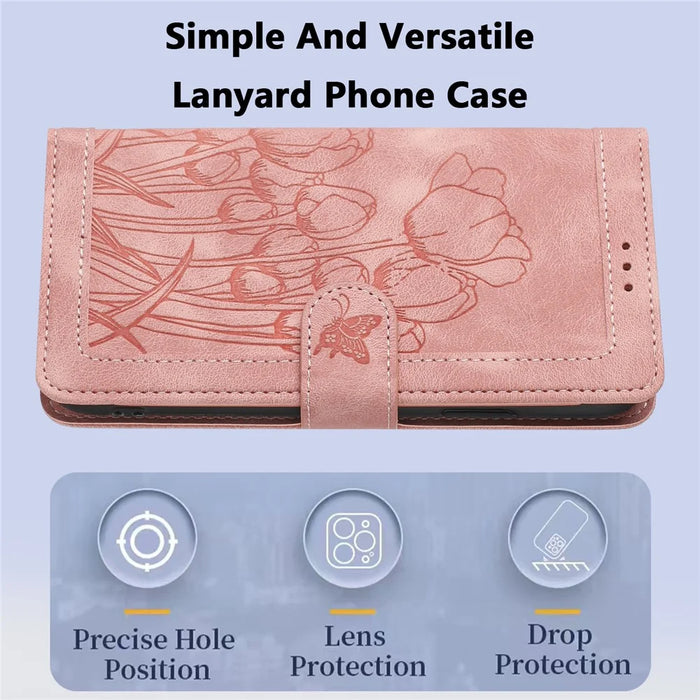 For Samsung Galaxy S25 FE Case Tulip Leather Phone Cover with 5 Card Slots Wallet - Pink - 7