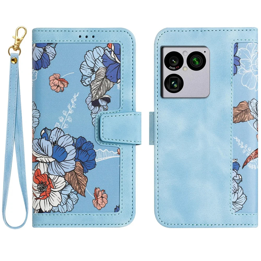 For Sony Xperia 1 VIII Case PU Leather Floral Phone Cover with Card Slots and Wrist Strap - Baby Blue - 1