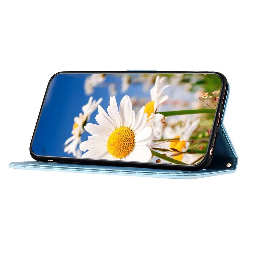 For Sony Xperia 1 VIII Case PU Leather Floral Phone Cover with Card Slots and Wrist Strap - Baby Blue - 3