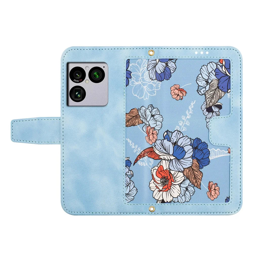 For Sony Xperia 1 VIII Case PU Leather Floral Phone Cover with Card Slots and Wrist Strap - Baby Blue - 4