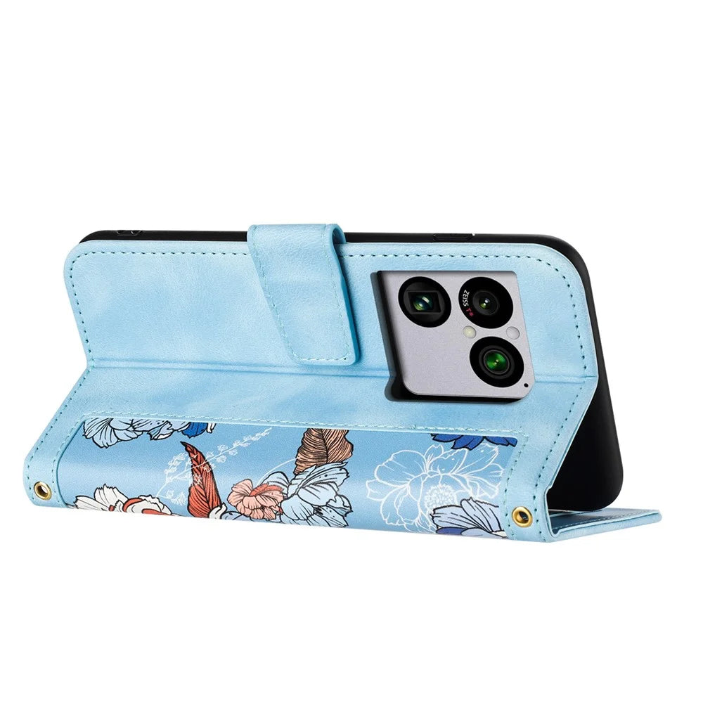 For Sony Xperia 1 VIII Case PU Leather Floral Phone Cover with Card Slots and Wrist Strap - Baby Blue - 5