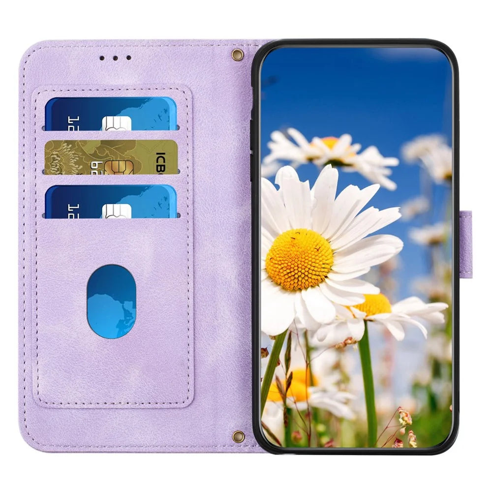For Samsung Galaxy S26 FE Case PU Leather Floral Phone Cover with Card Slots and Wrist Strap - Light Purple - 2
