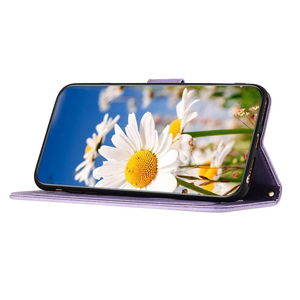 For Samsung Galaxy S26 FE Case PU Leather Floral Phone Cover with Card Slots and Wrist Strap - Light Purple - 3