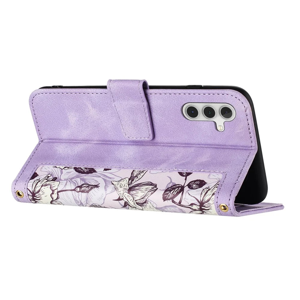 For Samsung Galaxy S26 FE Case PU Leather Floral Phone Cover with Card Slots and Wrist Strap - Light Purple - 5