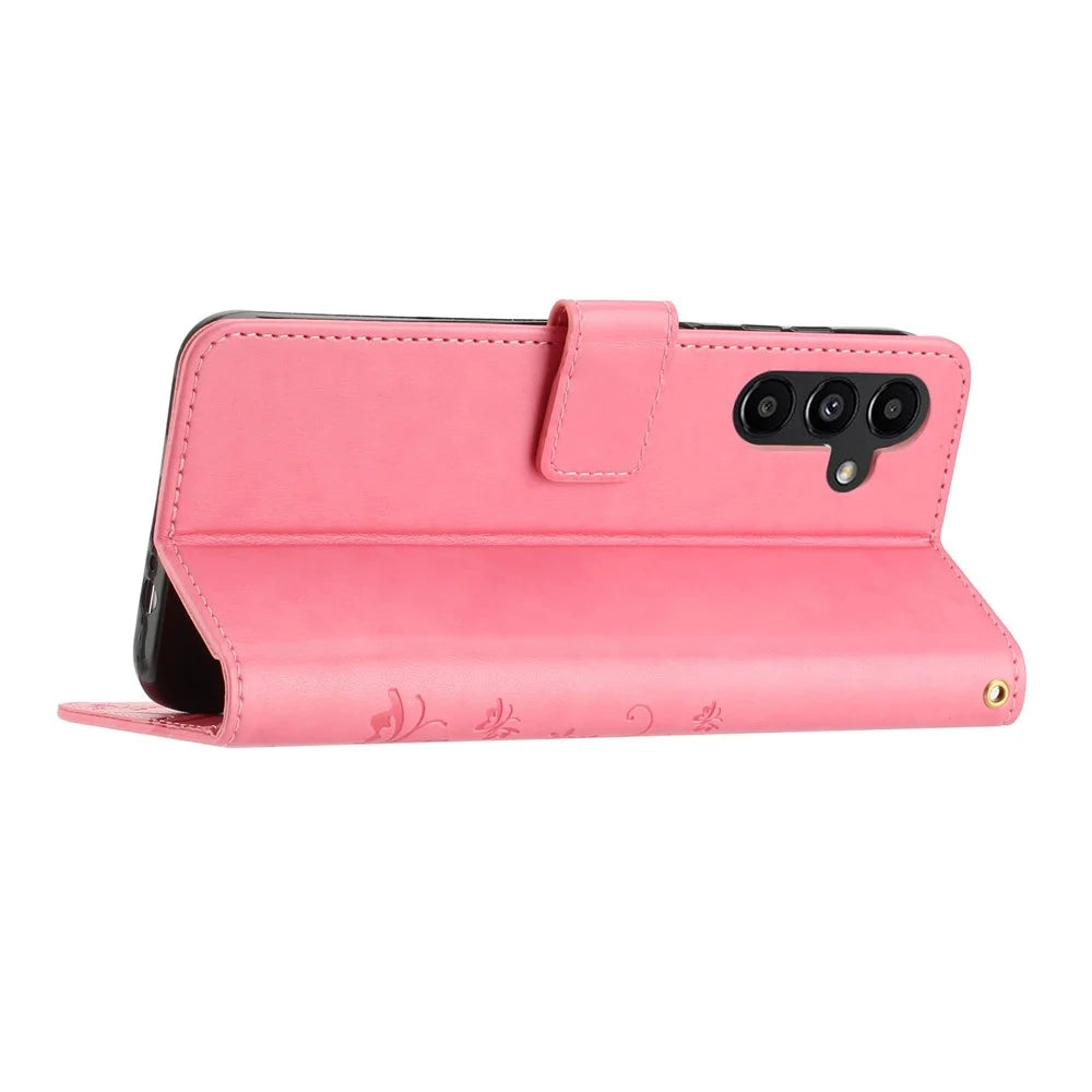 For Samsung Galaxy S25 FE Leather Wallet Case Butterfly Flower Imprinted Phone Cover with Strap - Pink - 4
