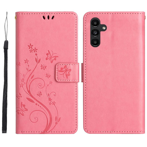 For Samsung Galaxy S26 FE Leather Wallet Case Butterfly Flower Imprinted Phone Cover with Strap - Pink - 1