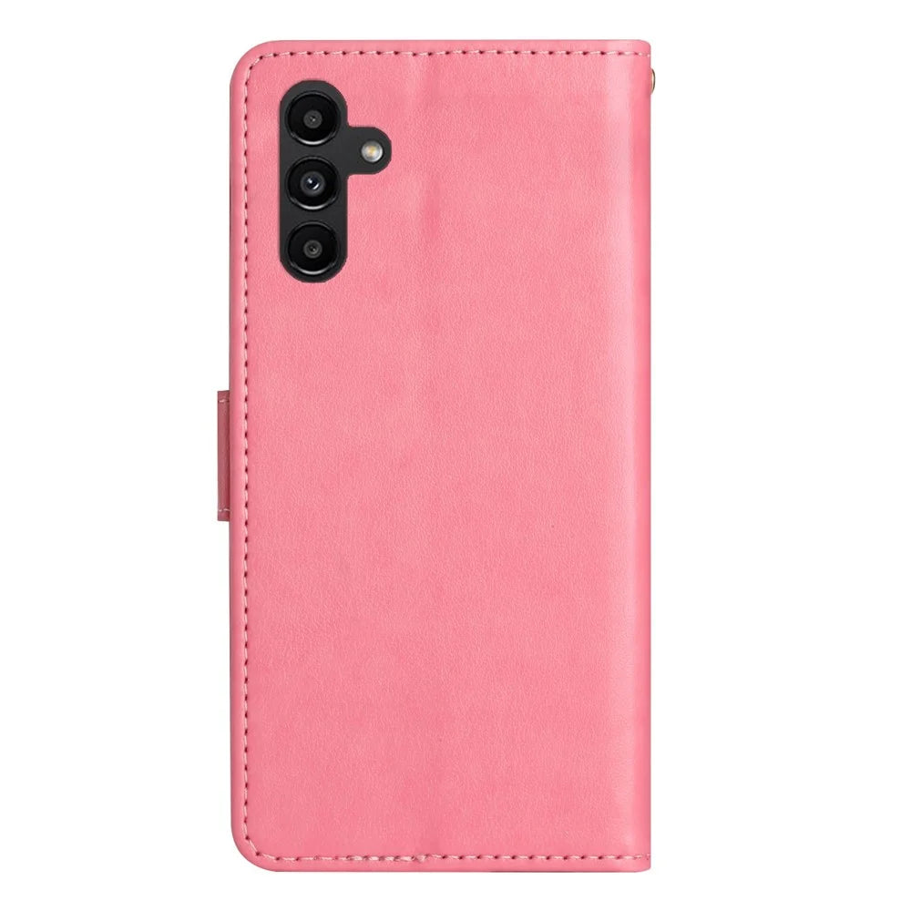 For Samsung Galaxy S26 FE Leather Wallet Case Butterfly Flower Imprinted Phone Cover with Strap - Pink - 7