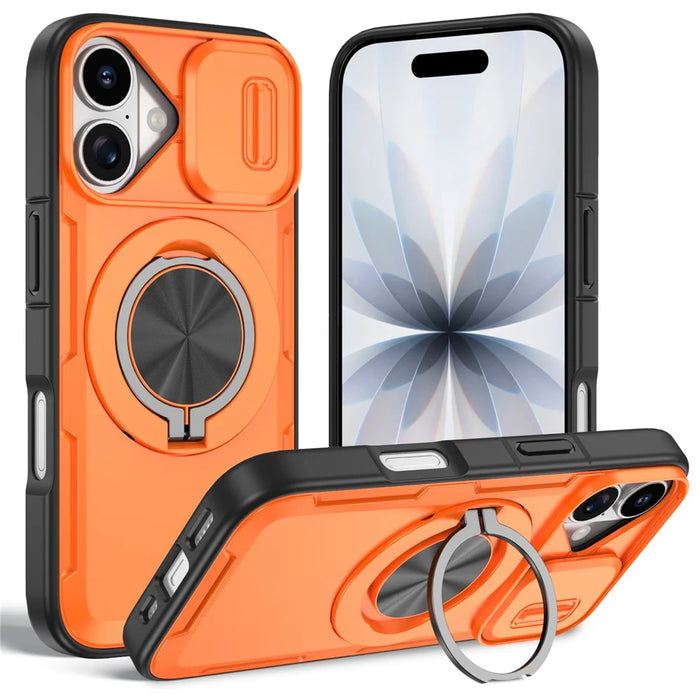 For iPhone 17 Magnetic Case Slide Camera Cover Rotary Kickstand PC + TPU Phone Shell - Orange - 1