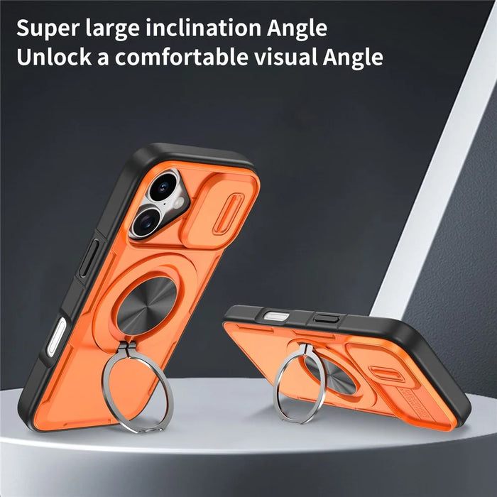 For iPhone 17 Magnetic Case Slide Camera Cover Rotary Kickstand PC + TPU Phone Shell - Orange - 3