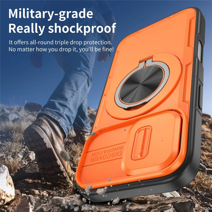 For iPhone 17 Magnetic Case Slide Camera Cover Rotary Kickstand PC + TPU Phone Shell - Orange - 5