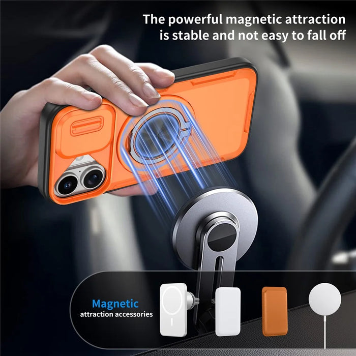 For iPhone 17 Magnetic Case Slide Camera Cover Rotary Kickstand PC + TPU Phone Shell - Orange - 6