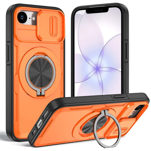 For iPhone 17e  /  16e Magnetic Case Slide Camera Cover Rotary Kickstand PC + TPU Phone Shell - Orange - 1