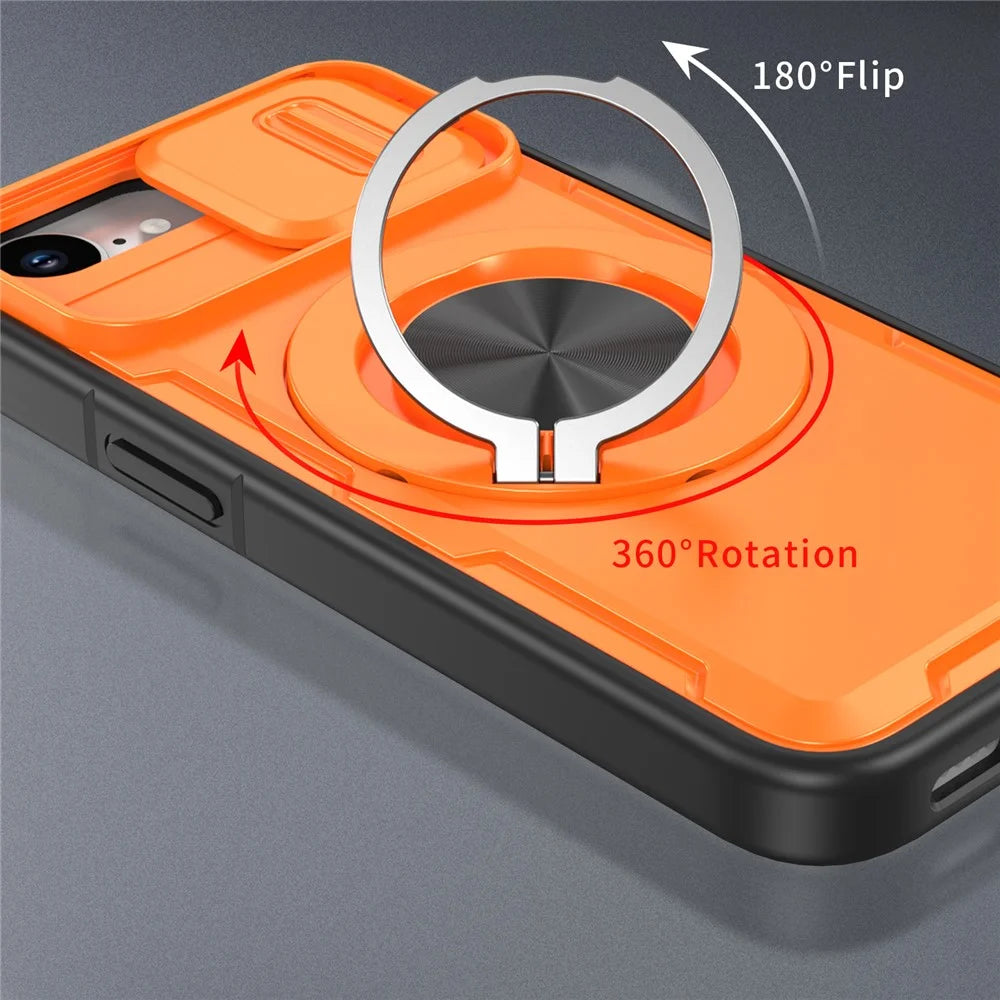 For iPhone 17e  /  16e Magnetic Case Slide Camera Cover Rotary Kickstand PC + TPU Phone Shell - Orange - 2
