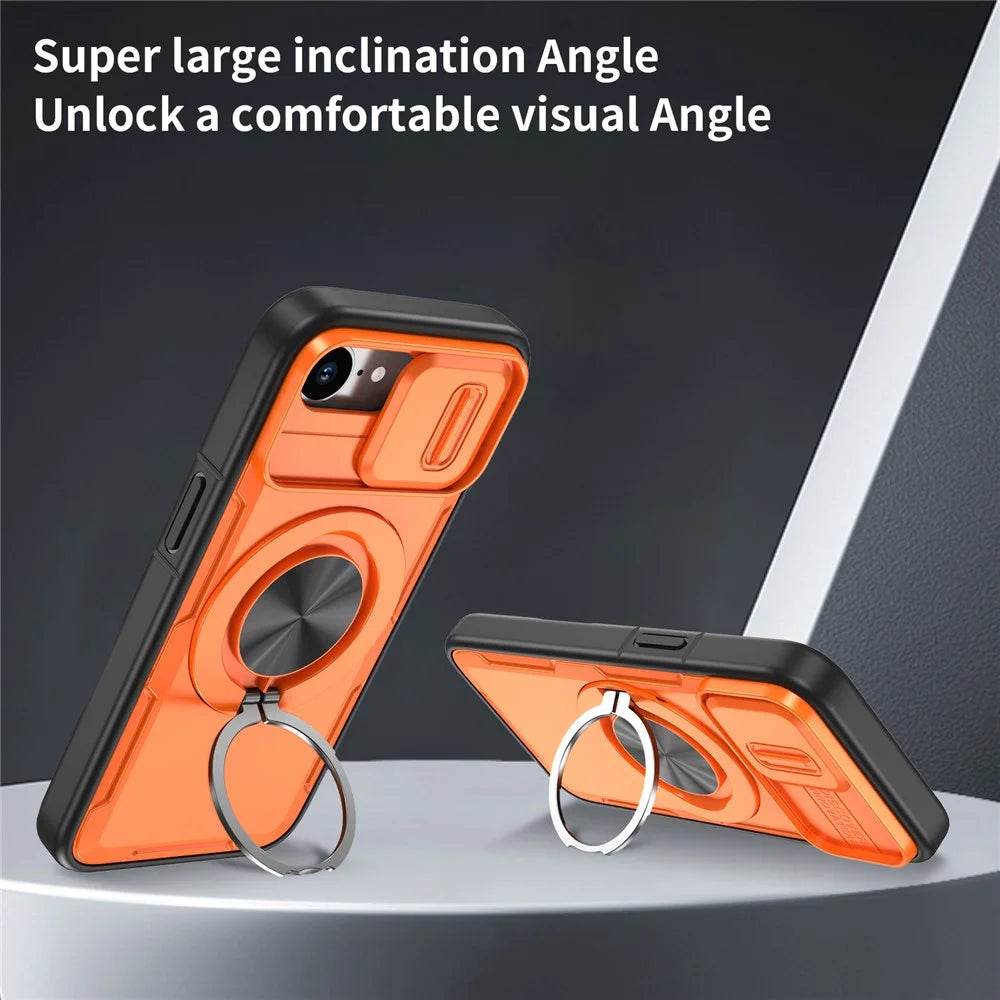 For iPhone 17e  /  16e Magnetic Case Slide Camera Cover Rotary Kickstand PC + TPU Phone Shell - Orange - 3