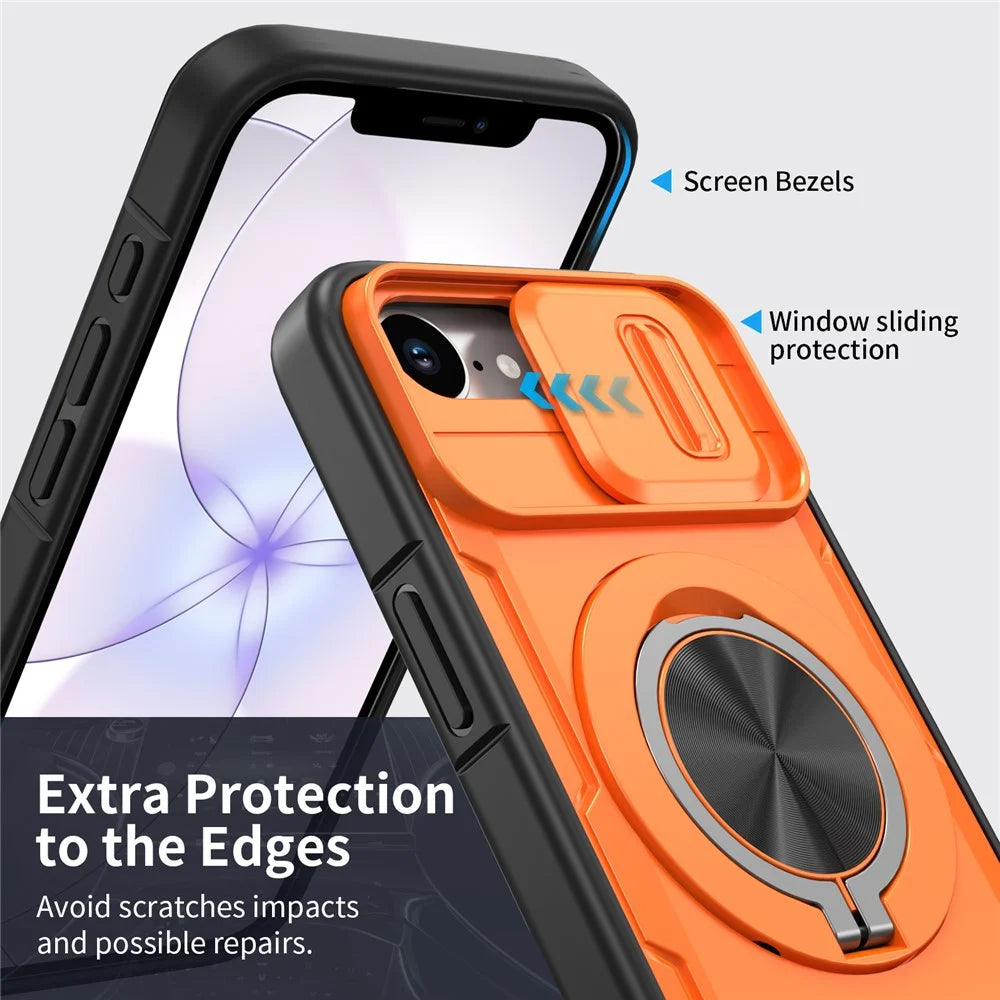 For iPhone 17e  /  16e Magnetic Case Slide Camera Cover Rotary Kickstand PC + TPU Phone Shell - Orange - 4