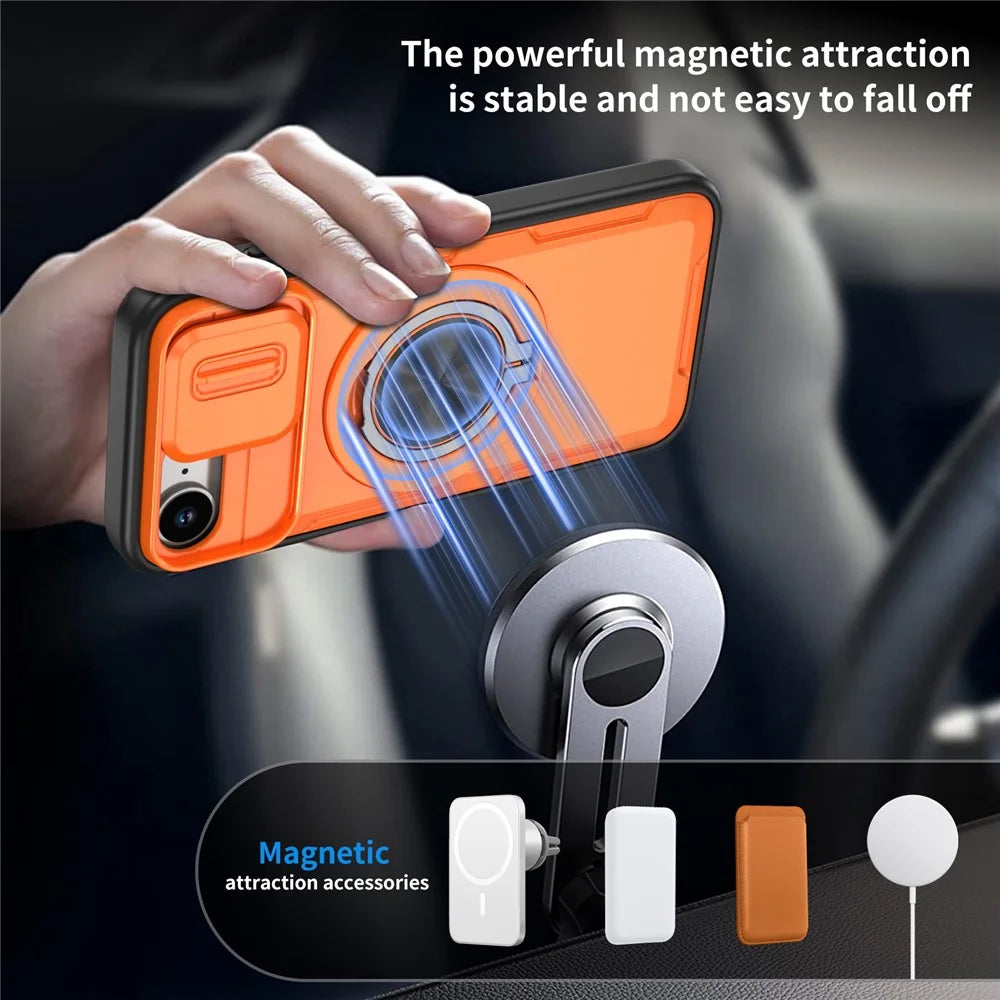 For iPhone 17e  /  16e Magnetic Case Slide Camera Cover Rotary Kickstand PC + TPU Phone Shell - Orange - 5
