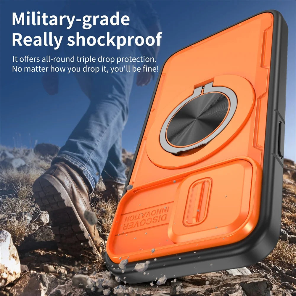For iPhone 17e  /  16e Magnetic Case Slide Camera Cover Rotary Kickstand PC + TPU Phone Shell - Orange - 6