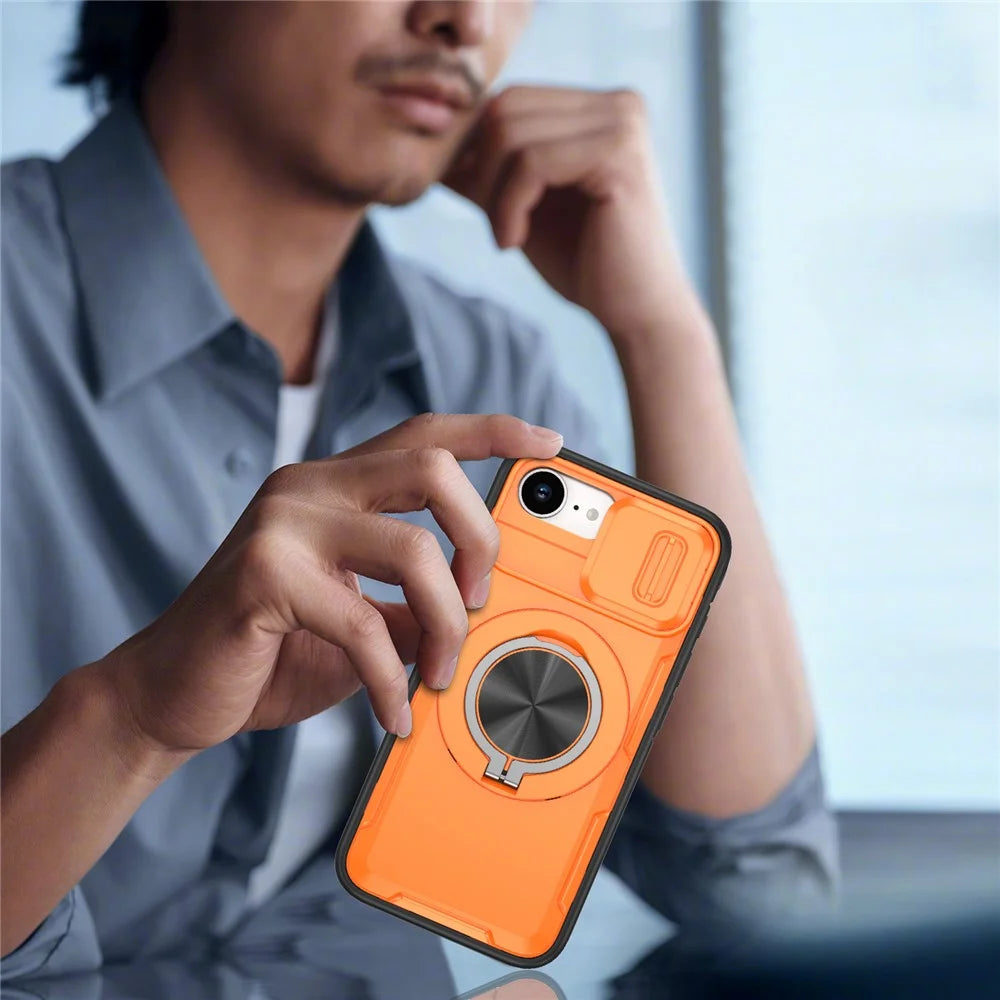 For iPhone 17e  /  16e Magnetic Case Slide Camera Cover Rotary Kickstand PC + TPU Phone Shell - Orange - 7