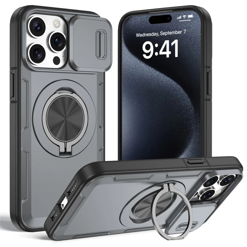 For iPhone 15 Pro Max Magnetic Case Slide Camera Cover Rotary Kickstand PC + TPU Phone Shell - Grey - 1