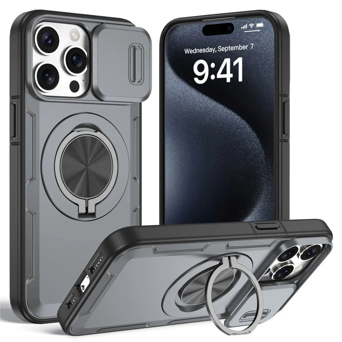 For iPhone 15 Pro Magnetic Case Slide Camera Cover Rotary Kickstand PC + TPU Phone Shell - Grey - 1
