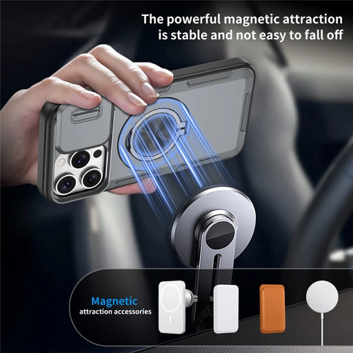 For iPhone 15 Pro Magnetic Case Slide Camera Cover Rotary Kickstand PC + TPU Phone Shell - Grey - 2