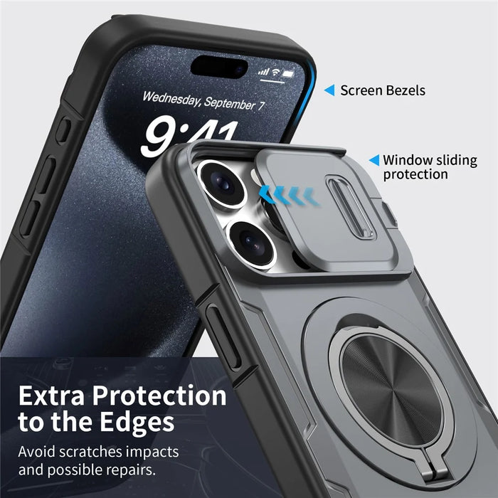For iPhone 15 Pro Magnetic Case Slide Camera Cover Rotary Kickstand PC + TPU Phone Shell - Grey - 3