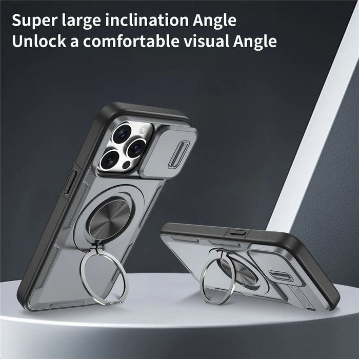 For iPhone 15 Pro Magnetic Case Slide Camera Cover Rotary Kickstand PC + TPU Phone Shell - Grey - 5