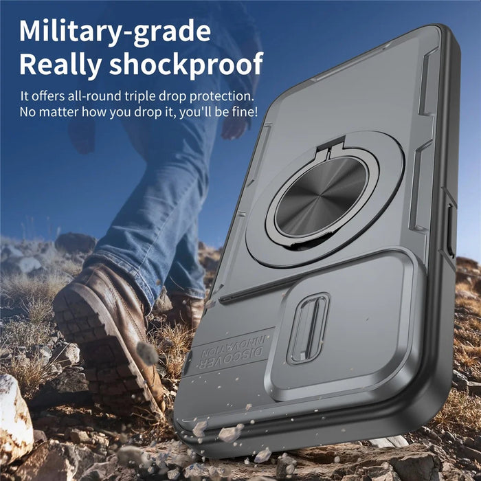 For iPhone 15 Pro Magnetic Case Slide Camera Cover Rotary Kickstand PC + TPU Phone Shell - Grey - 6