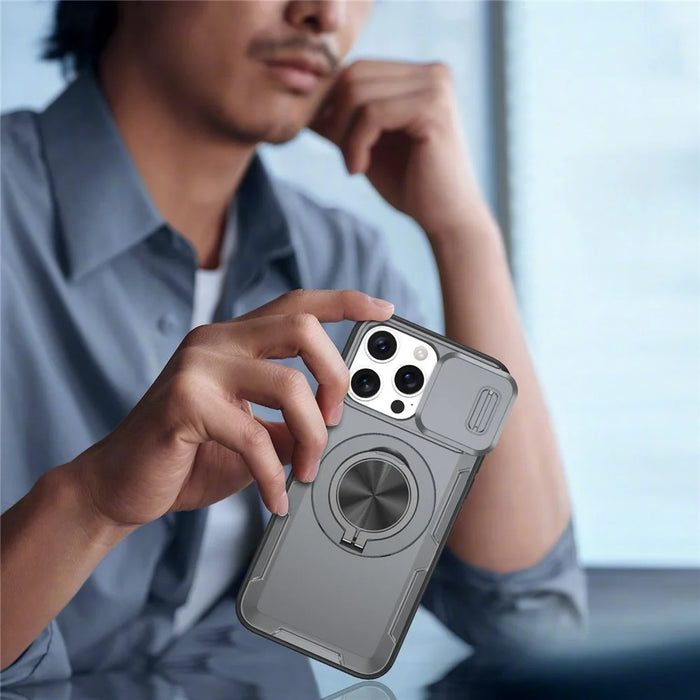For iPhone 15 Pro Magnetic Case Slide Camera Cover Rotary Kickstand PC + TPU Phone Shell - Grey - 7