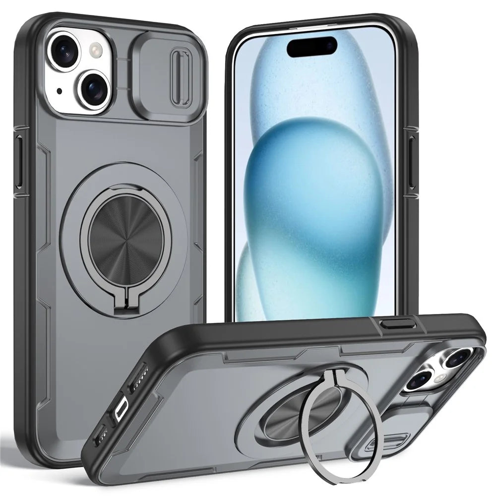 For iPhone 15 Magnetic Case Slide Camera Cover Rotary Kickstand PC + TPU Phone Shell - Grey - 1