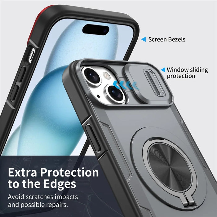 For iPhone 15 Magnetic Case Slide Camera Cover Rotary Kickstand PC + TPU Phone Shell - Grey - 3