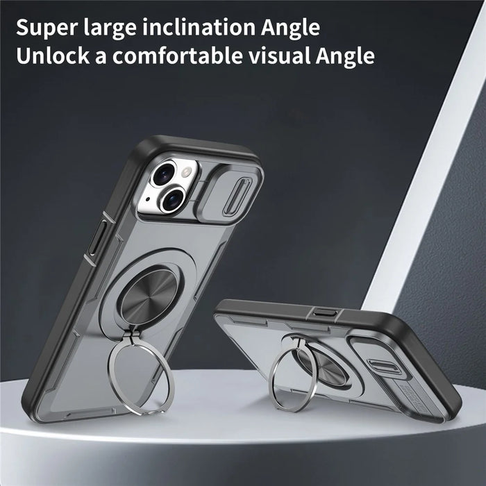 For iPhone 15 Magnetic Case Slide Camera Cover Rotary Kickstand PC + TPU Phone Shell - Grey - 5