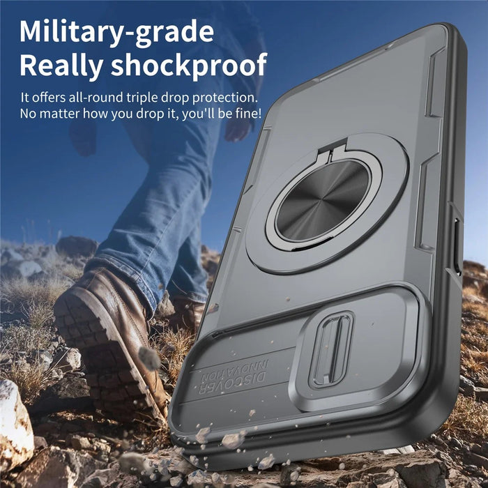 For iPhone 15 Magnetic Case Slide Camera Cover Rotary Kickstand PC + TPU Phone Shell - Grey - 6